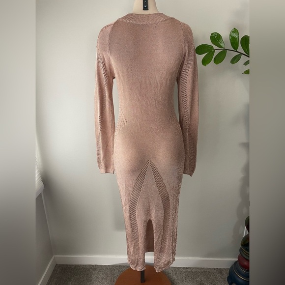 Pretty Little Thing Metallic Knitted Rose Gold Cut Out Maxi Long Dress Pink - Picture 7 of 12